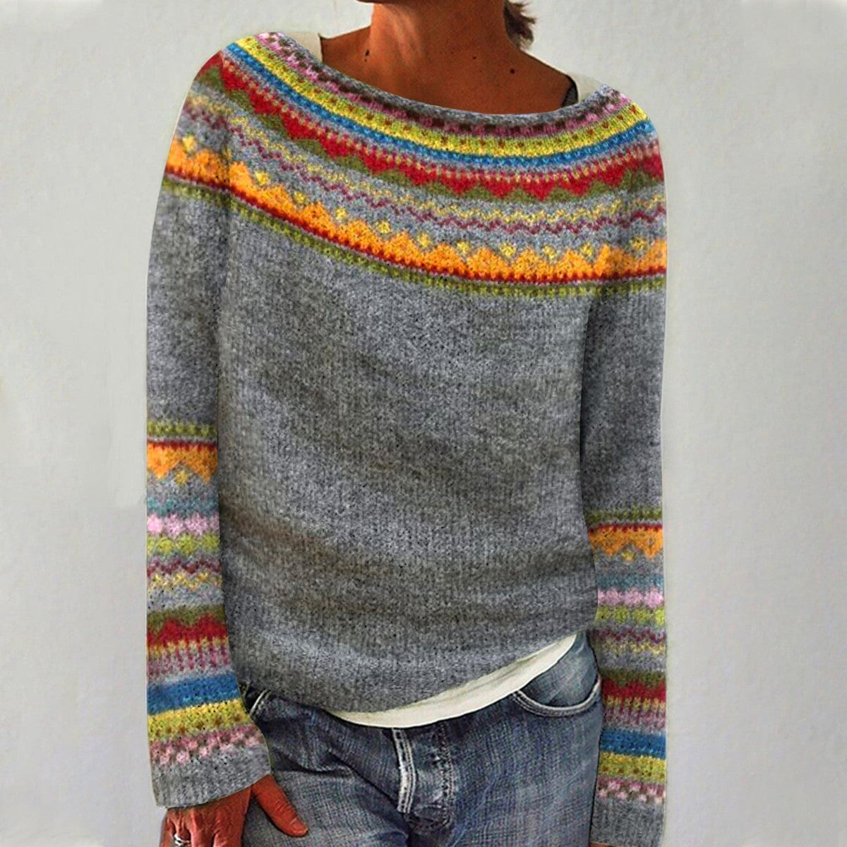 Rose | Retro Knit Sweater with Multi-Pattern Design